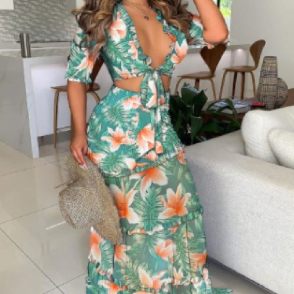 Tropical Print Crop Top & Frill Hem Maxi Skirt Set